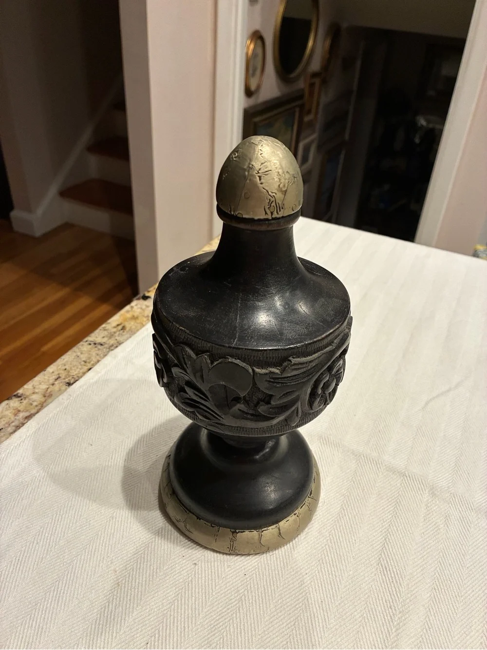 Vintage hand-carved black wood and metallic-accented decorative finial